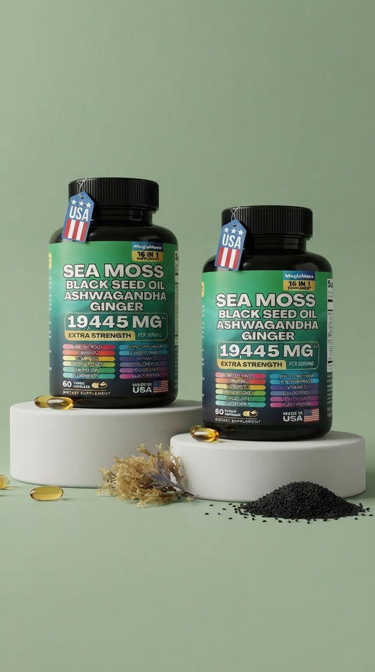 Sea Moss Black Seed Oil Ashwagandha Ginger 16-in-1 Supplement – 1945 MG Extra Strength, 60 Vegan Capsules