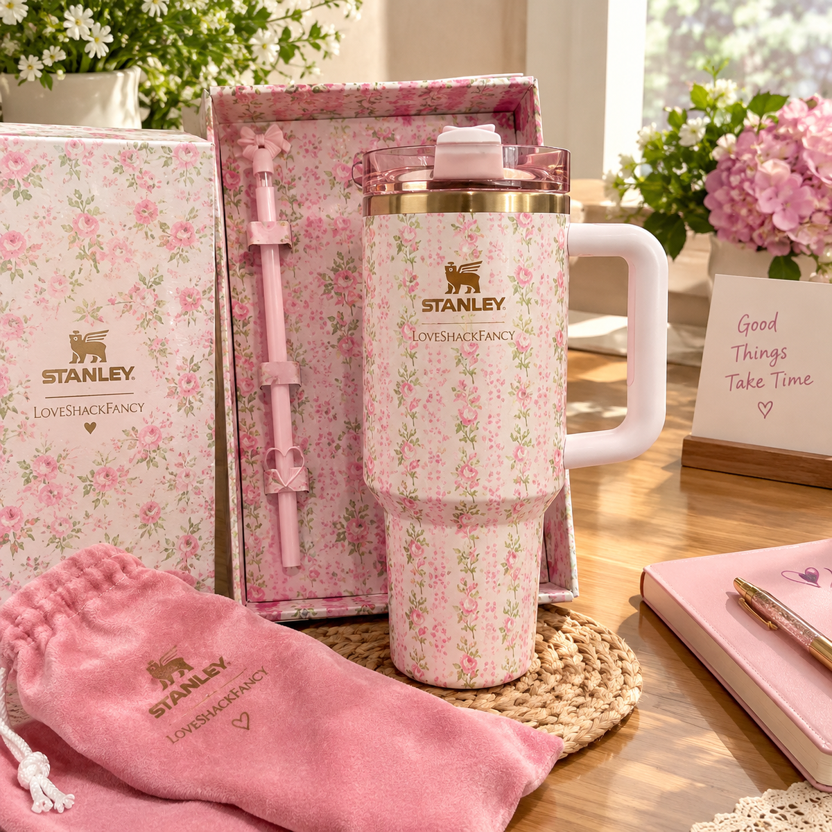 Stanley x LoveShackFancy Quencher H2.0 Tumbler 40oz – Pink Floral Limited Edition with Flower Straw & Handle