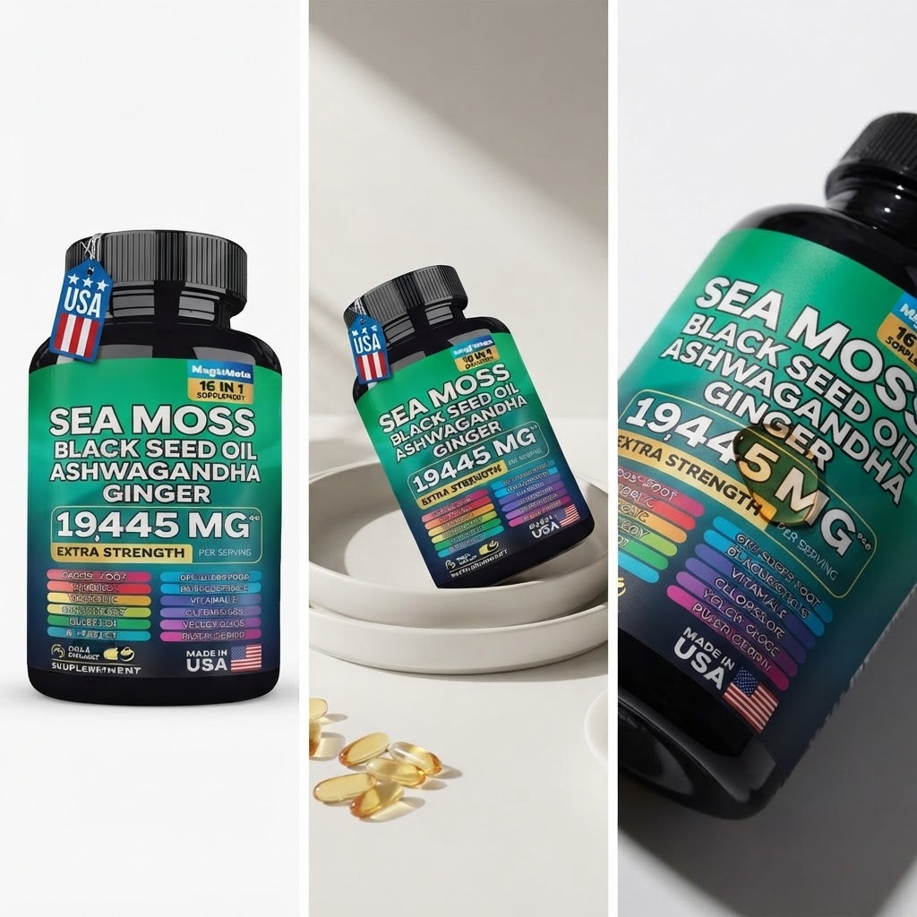 Sea Moss Black Seed Oil Ashwagandha Ginger 16-in-1 Supplement – 1945 MG Extra Strength, 60 Vegan Capsules