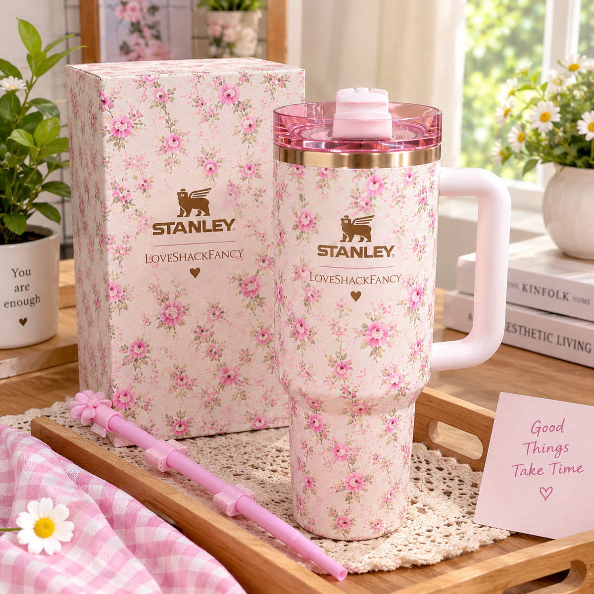 Stanley x LoveShackFancy Quencher H2.0 Tumbler 40oz – Pink Floral Limited Edition with Flower Straw & Handle