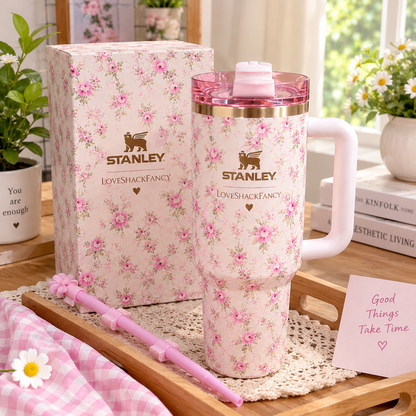 Stanley x LoveShackFancy Quencher H2.0 Tumbler 40oz – Pink Floral Limited Edition with Flower Straw & Handle