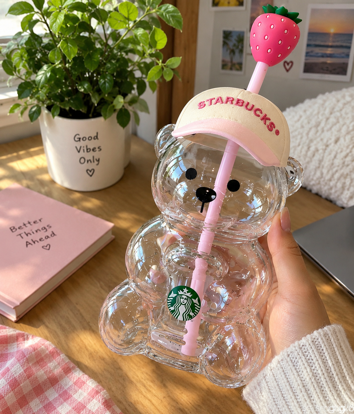 Starbucks Bear Shaped Cup with Strawberry Straw – Clear Acrylic Teddy Bear Tumbler with Cap Lid & Pink Straw