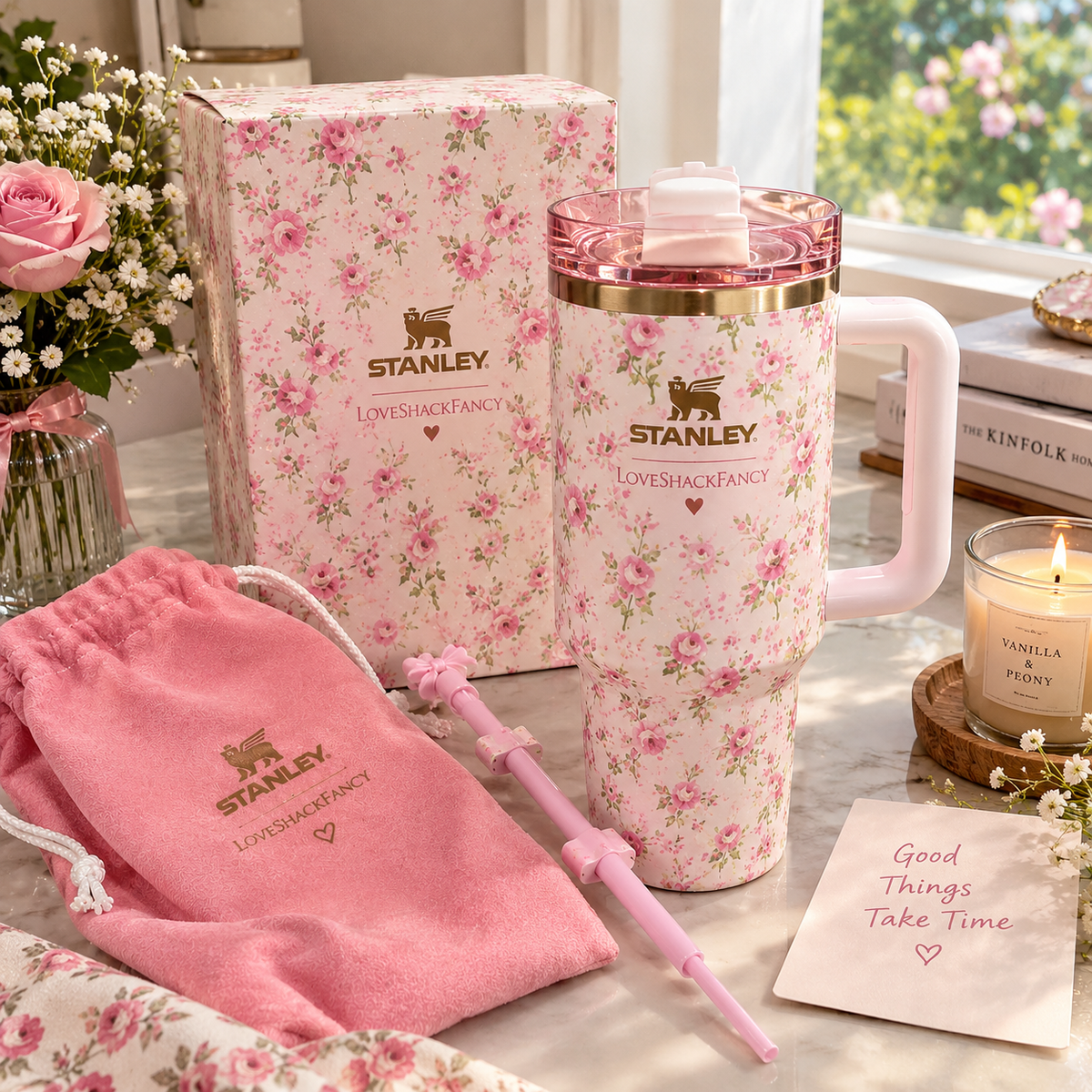 Stanley x LoveShackFancy Quencher H2.0 Tumbler 40oz – Pink Floral Limited Edition with Flower Straw & Handle