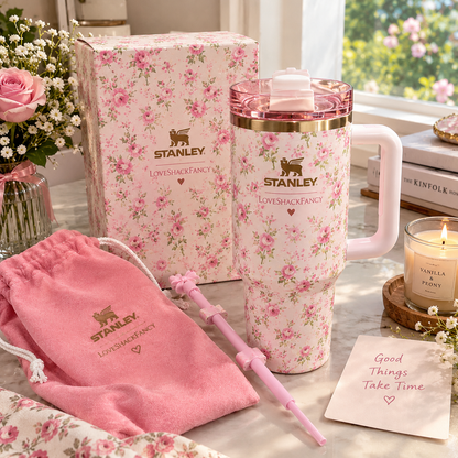 Stanley x LoveShackFancy Quencher H2.0 Tumbler 40oz – Pink Floral Limited Edition with Flower Straw & Handle