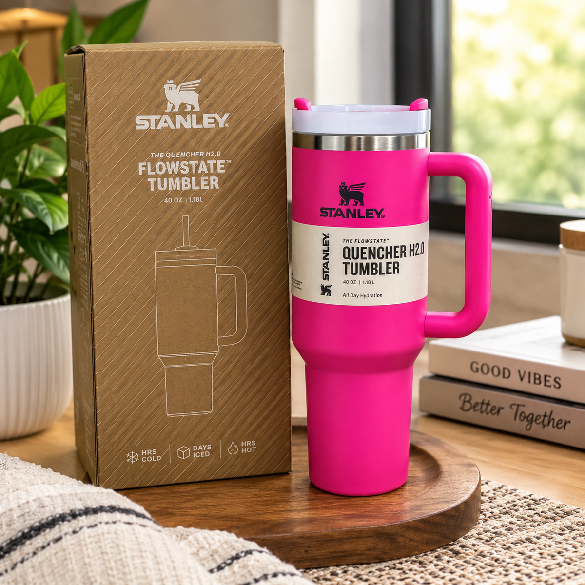 40 oz Pink Insulated Tumbler with Handle and Straw – Reusable Travel Cup