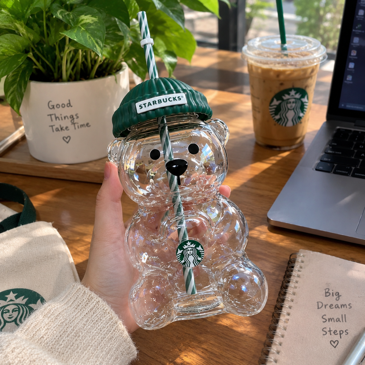 Starbucks Bear Shaped Cup with Straw – Clear Acrylic Cute Teddy Bear Tumbler with Beanie Cap Lid