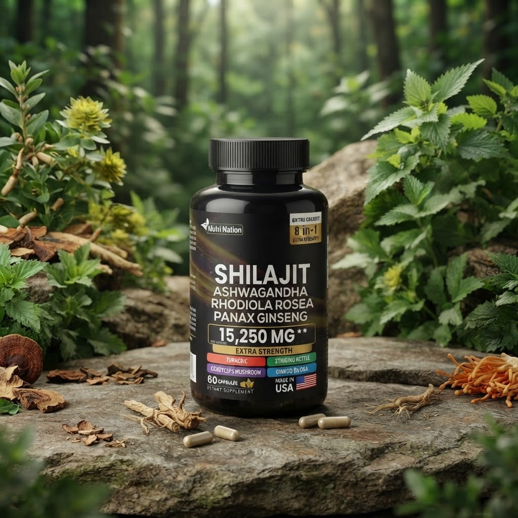 Nutri Nation Shilajit Ashwagandha 8-in-1 Herbal Supplement – 15,250 mg, 60 Capsules