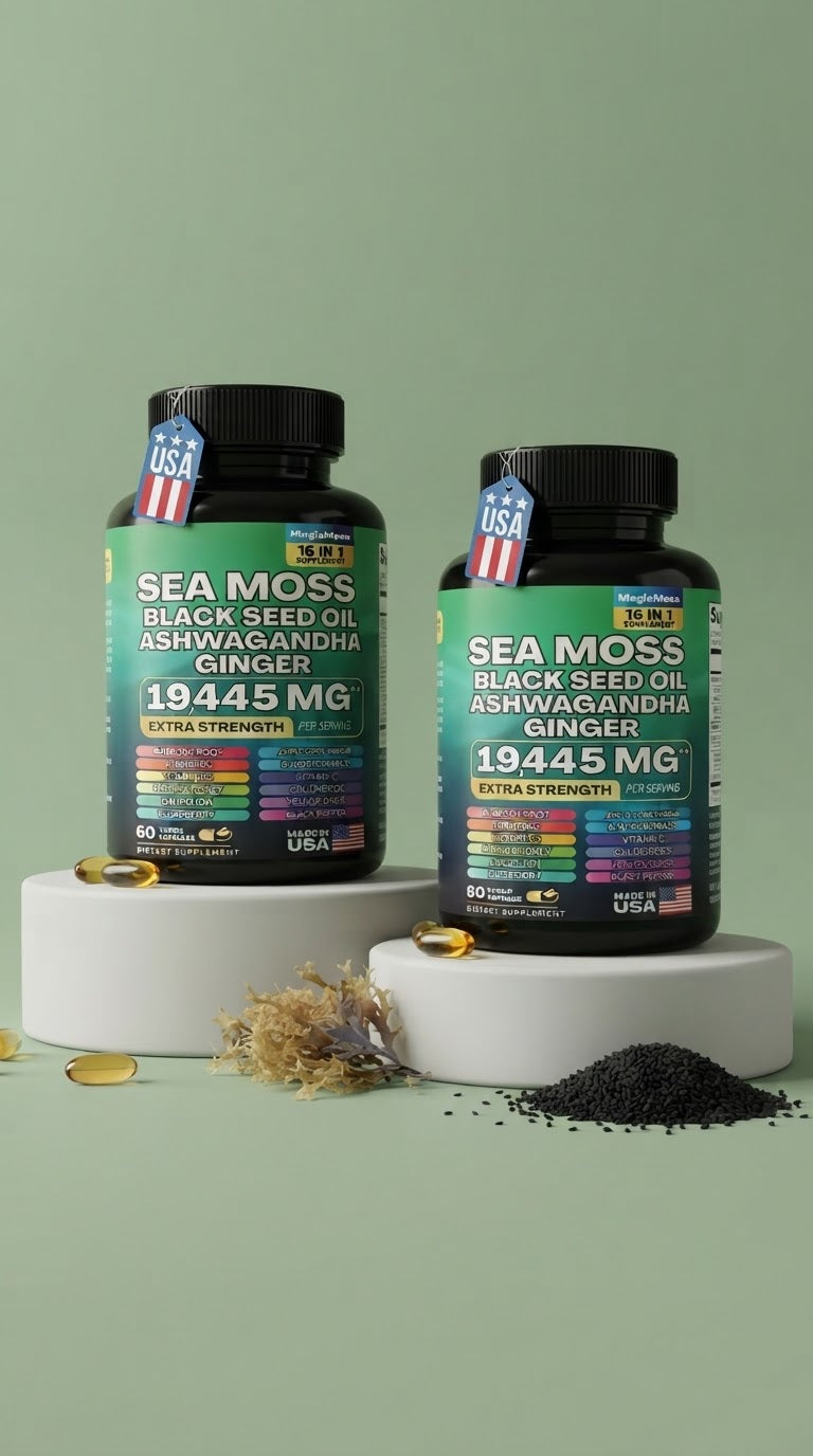 Sea Moss Black Seed Oil Ashwagandha Ginger 16-in-1 Supplement – 1945 MG Extra Strength, 60 Vegan Capsules