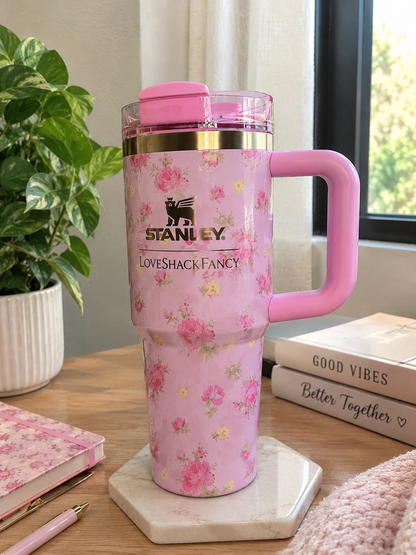 Pink Floral Insulated Tumbler with Handle – Reusable Travel Cup & Gift Set