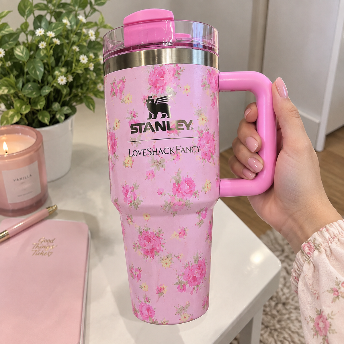 Pink Floral Insulated Tumbler with Handle – Reusable Travel Cup & Gift Set