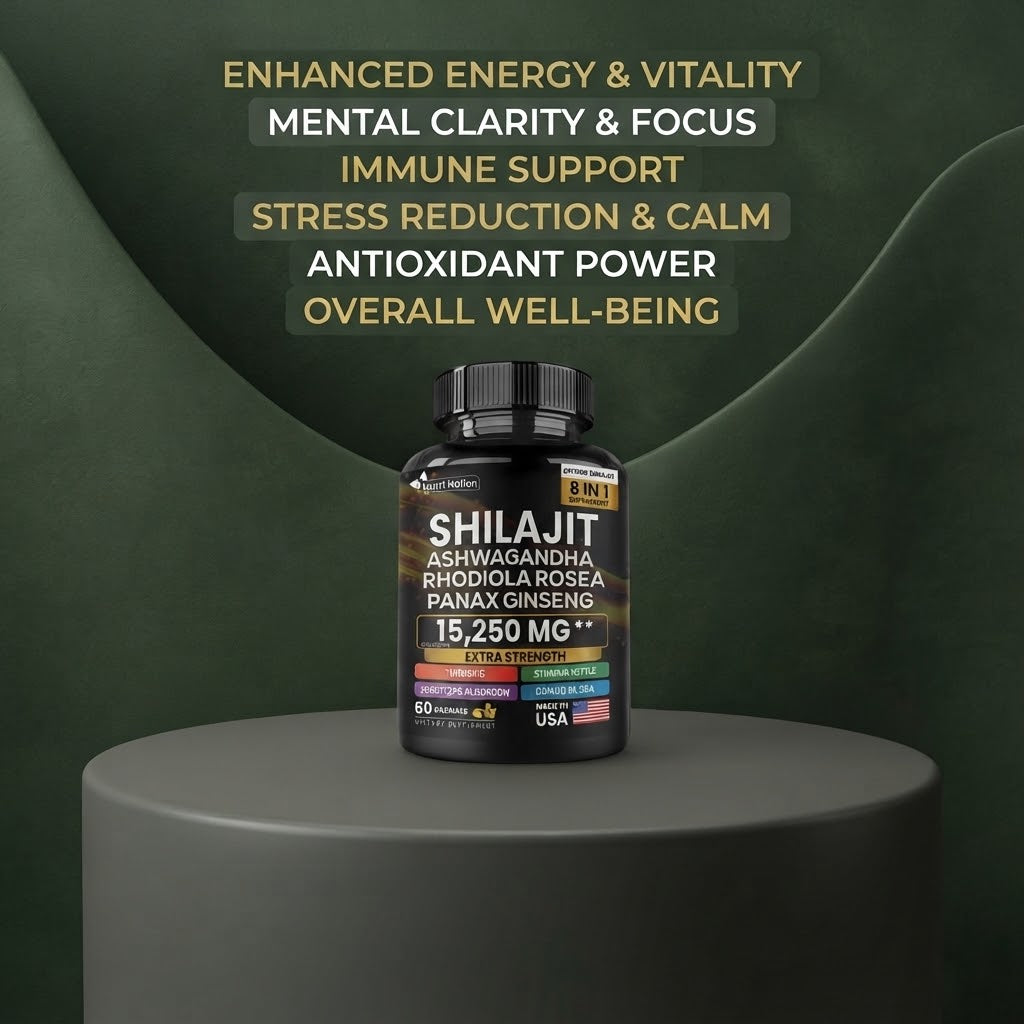 Nutri Nation Shilajit Ashwagandha 8-in-1 Herbal Supplement – 15,250 mg, 60 Capsules