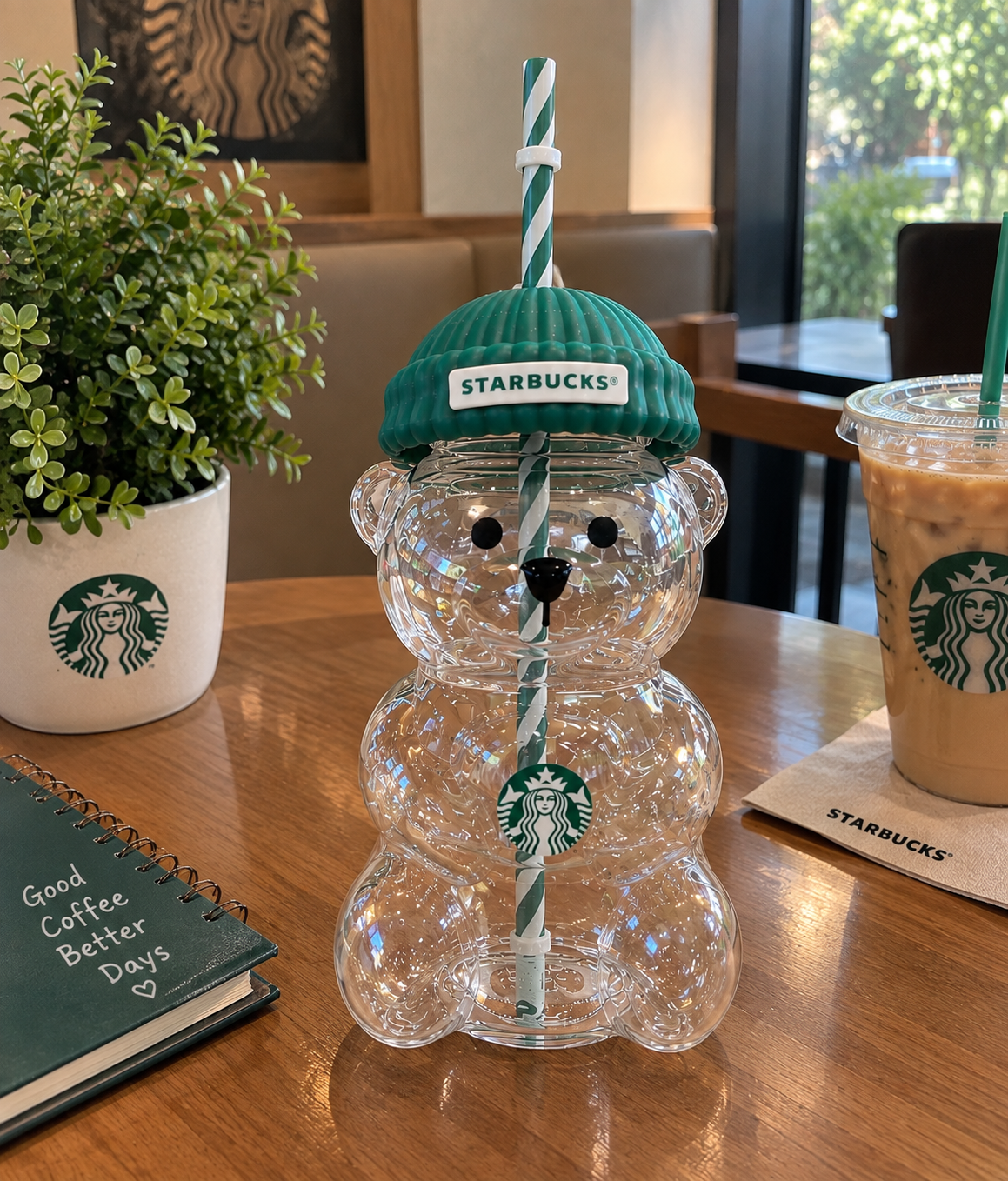 Starbucks Bear Shaped Cup with Straw – Clear Acrylic Cute Teddy Bear Tumbler with Beanie Cap Lid