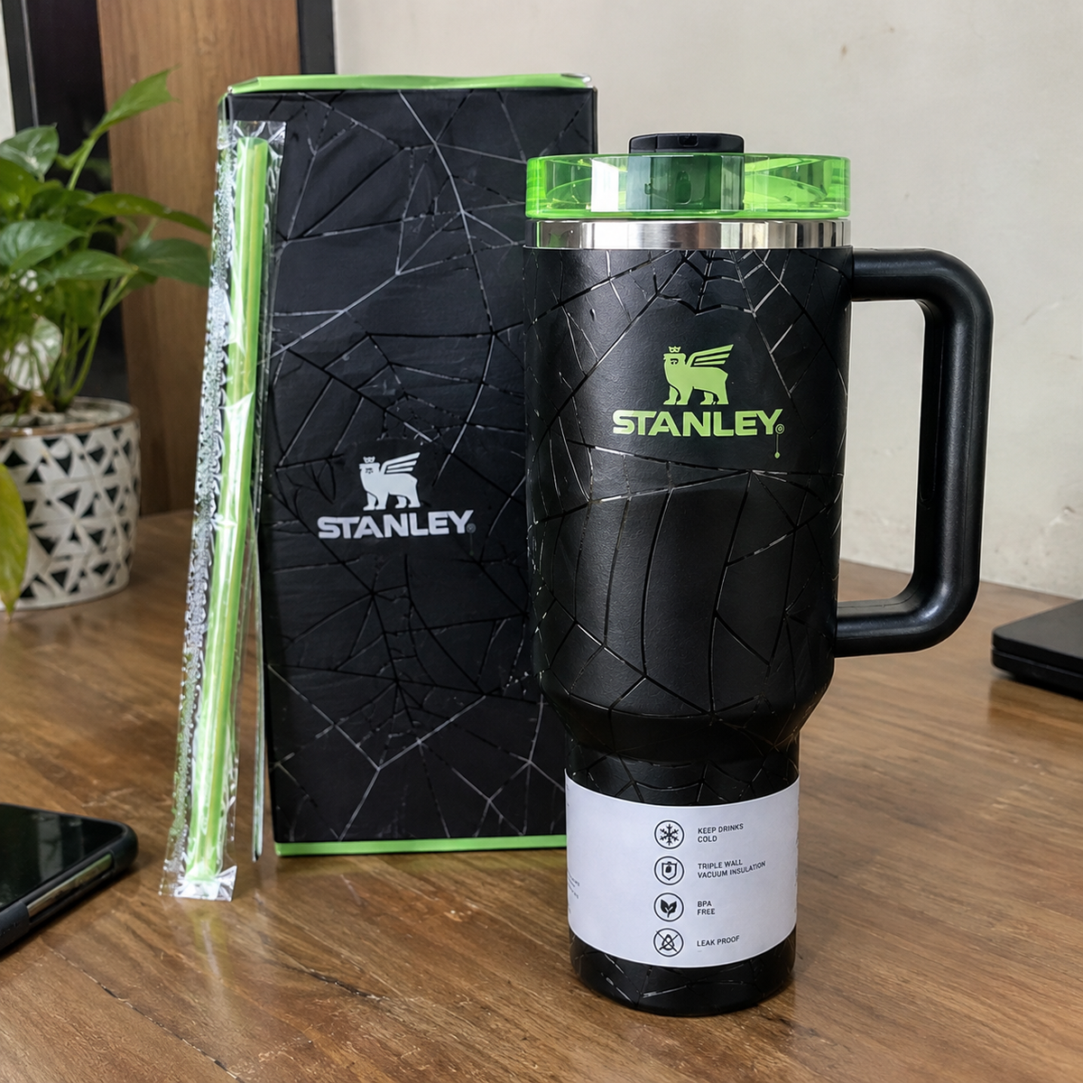 Stanley Quencher H2.0 Tumbler 40oz – Spider Web Crackle Design with Neon Green Lid & Handle | Stainless Steel Travel Mug