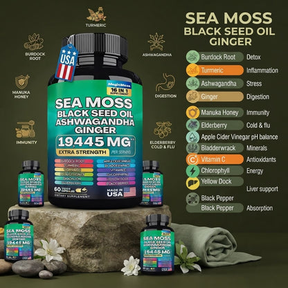 Sea Moss Black Seed Oil Ashwagandha Ginger 16-in-1 Supplement – 1945 MG Extra Strength, 60 Vegan Capsules