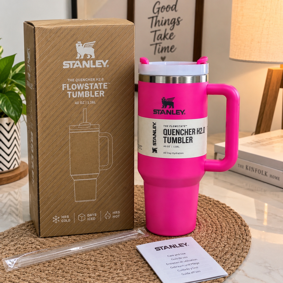 40 oz Pink Insulated Tumbler with Handle and Straw – Reusable Travel Cup