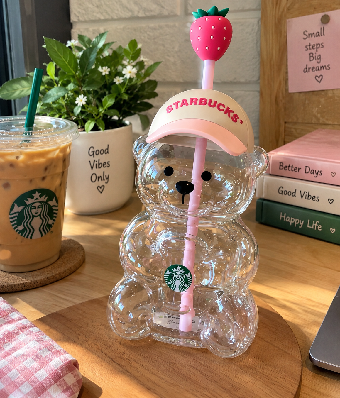 Starbucks Bear Shaped Cup with Strawberry Straw – Clear Acrylic Teddy Bear Tumbler with Cap Lid & Pink Straw