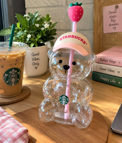 Starbucks Bear Shaped Cup with Strawberry Straw – Clear Acrylic Teddy Bear Tumbler with Cap Lid & Pink Straw