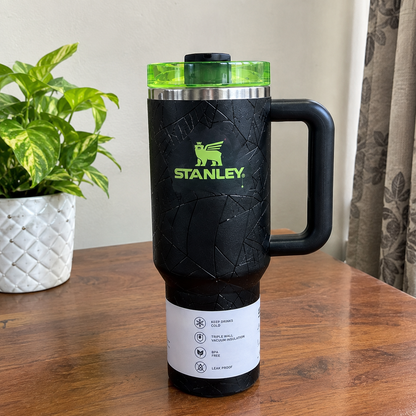 Stanley Quencher H2.0 Tumbler 40oz – Spider Web Crackle Design with Neon Green Lid & Handle | Stainless Steel Travel Mug