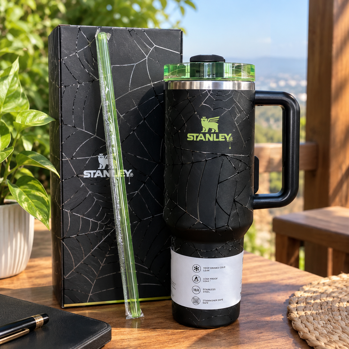 Stanley Quencher H2.0 Tumbler 40oz – Spider Web Crackle Design with Neon Green Lid & Handle | Stainless Steel Travel Mug