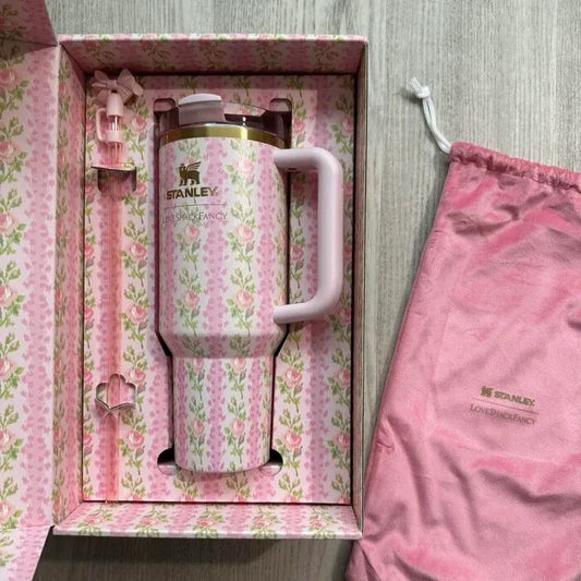 Stanley x LoveShackFancy Quencher H2.0 Tumbler 40oz – Pink Floral Limited Edition with Flower Straw & Handle