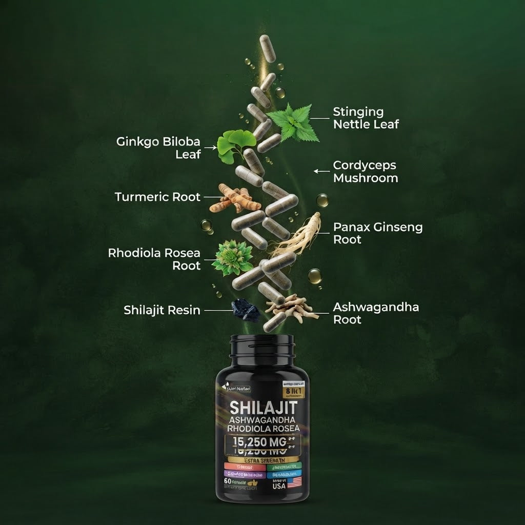Nutri Nation Shilajit Ashwagandha 8-in-1 Herbal Supplement – 15,250 mg, 60 Capsules
