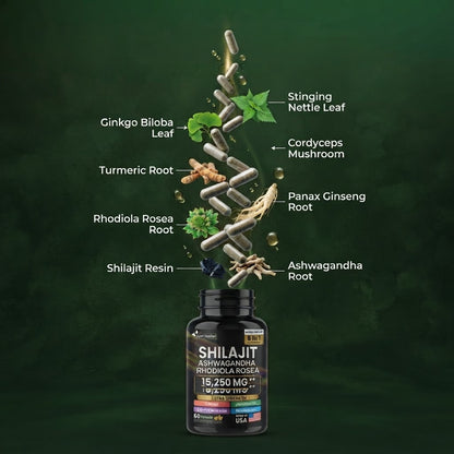 Nutri Nation Shilajit Ashwagandha 8-in-1 Herbal Supplement – 15,250 mg, 60 Capsules