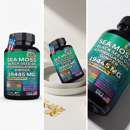 Sea Moss Black Seed Oil Ashwagandha Ginger 16-in-1 Supplement – 1945 MG Extra Strength, 60 Vegan Capsules