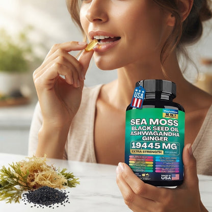 Sea Moss Black Seed Oil Ashwagandha Ginger 16-in-1 Supplement – 1945 MG Extra Strength, 60 Vegan Capsules
