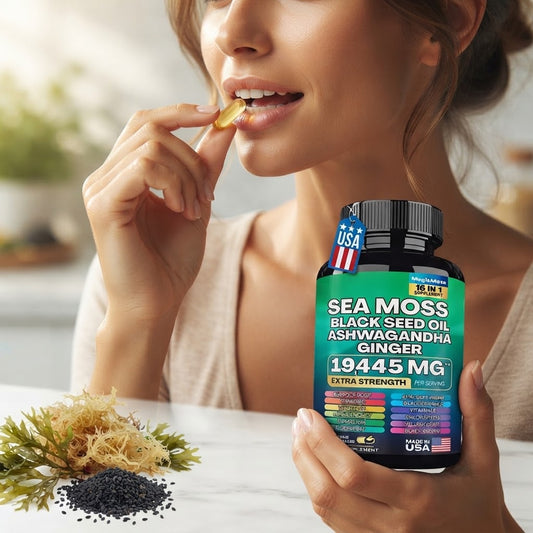 Sea Moss Black Seed Oil Ashwagandha Ginger 16-in-1 Supplement – 1945 MG Extra Strength, 60 Vegan Capsules