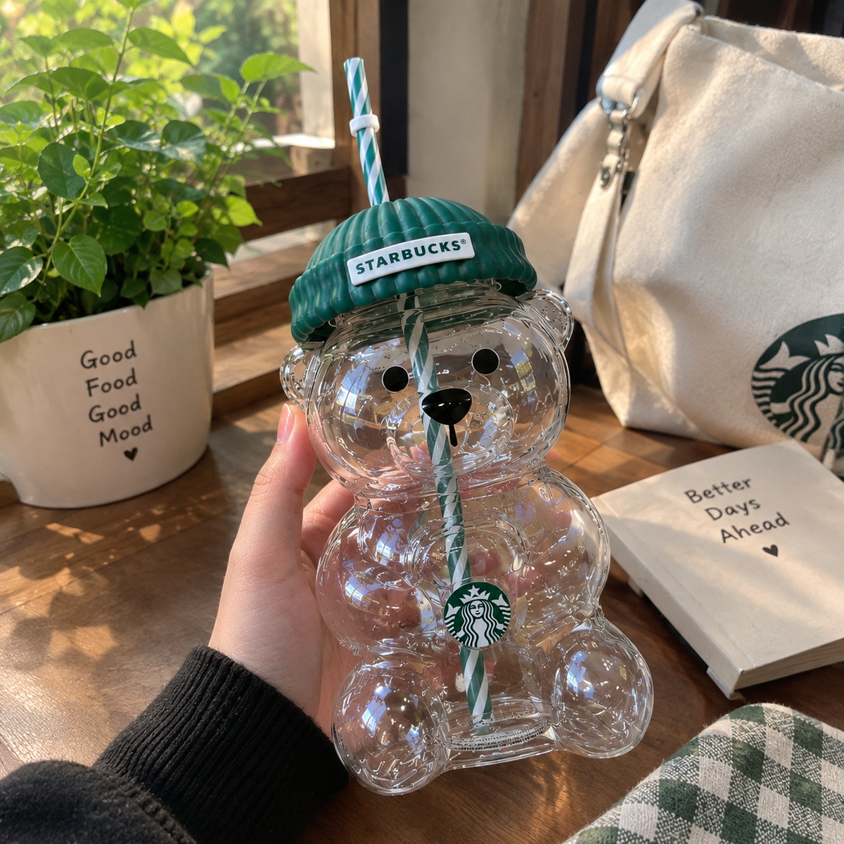 Starbucks Bear Shaped Cup with Straw – Clear Acrylic Cute Teddy Bear Tumbler with Beanie Cap Lid