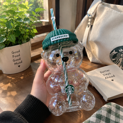 Starbucks Bear Shaped Cup with Straw – Clear Acrylic Cute Teddy Bear Tumbler with Beanie Cap Lid