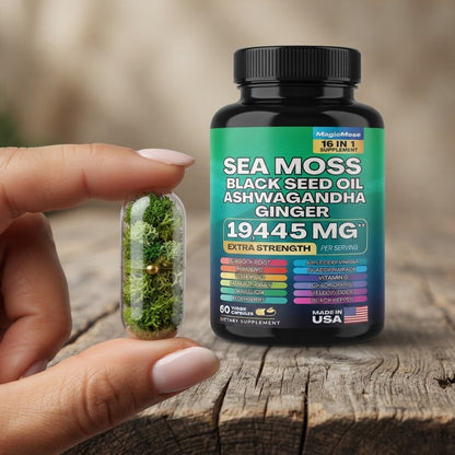 Sea Moss Black Seed Oil Ashwagandha Ginger 16-in-1 Supplement – 1945 MG Extra Strength, 60 Vegan Capsules