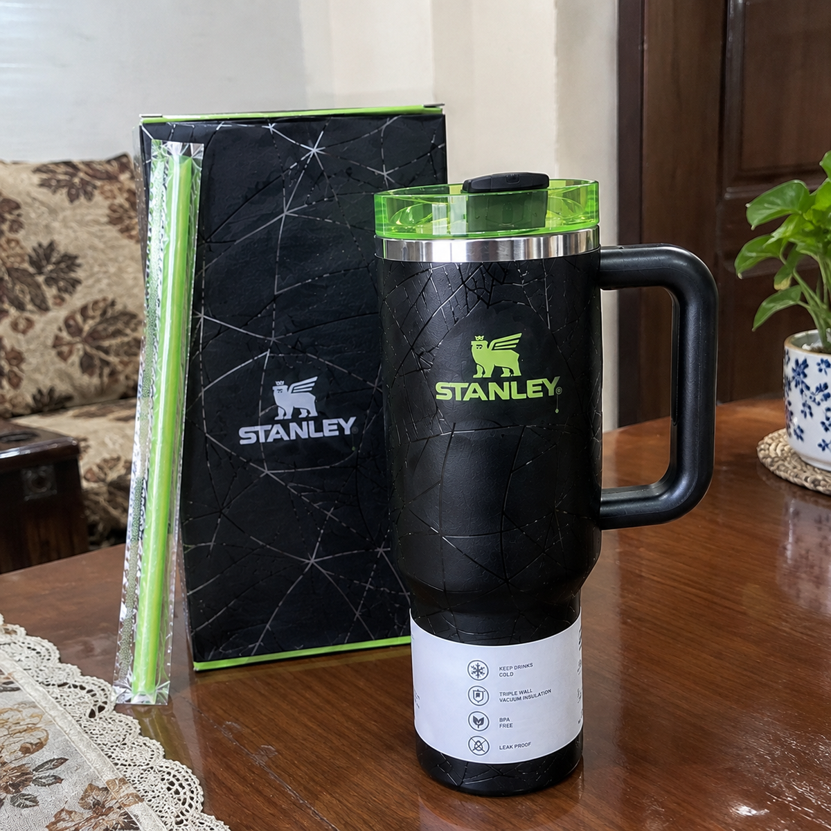 Stanley Quencher H2.0 Tumbler 40oz – Spider Web Crackle Design with Neon Green Lid & Handle | Stainless Steel Travel Mug