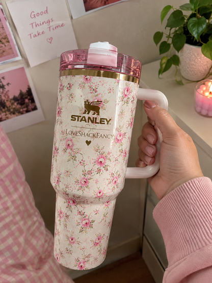 Stanley x LoveShackFancy Quencher H2.0 Tumbler 40oz – Pink Floral Limited Edition with Flower Straw & Handle