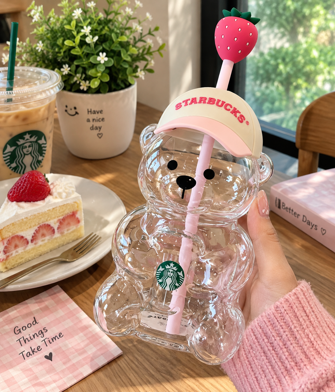 Starbucks Bear Shaped Cup with Strawberry Straw – Clear Acrylic Teddy Bear Tumbler with Cap Lid & Pink Straw