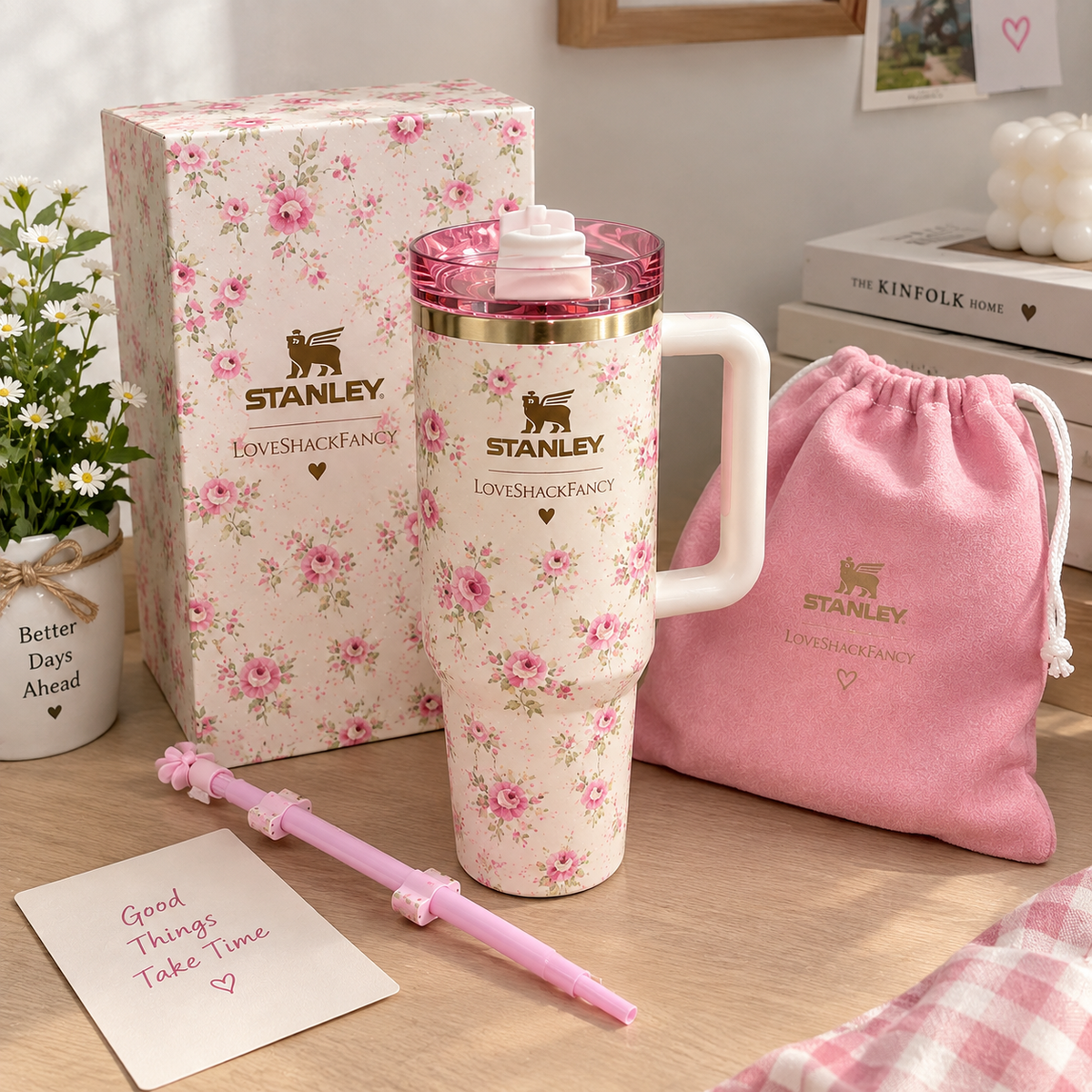 Stanley x LoveShackFancy Quencher H2.0 Tumbler 40oz – Pink Floral Limited Edition with Flower Straw & Handle