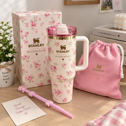 Stanley x LoveShackFancy Quencher H2.0 Tumbler 40oz – Pink Floral Limited Edition with Flower Straw & Handle