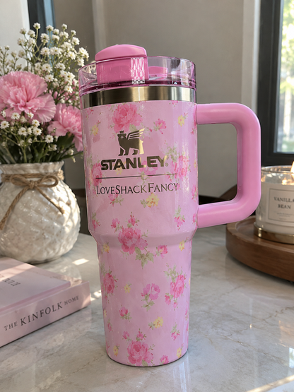 Pink Floral Insulated Tumbler with Handle – Reusable Travel Cup & Gift Set