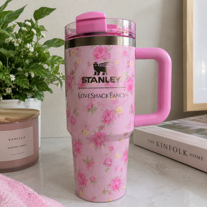 Pink Floral Insulated Tumbler with Handle – Reusable Travel Cup & Gift Set