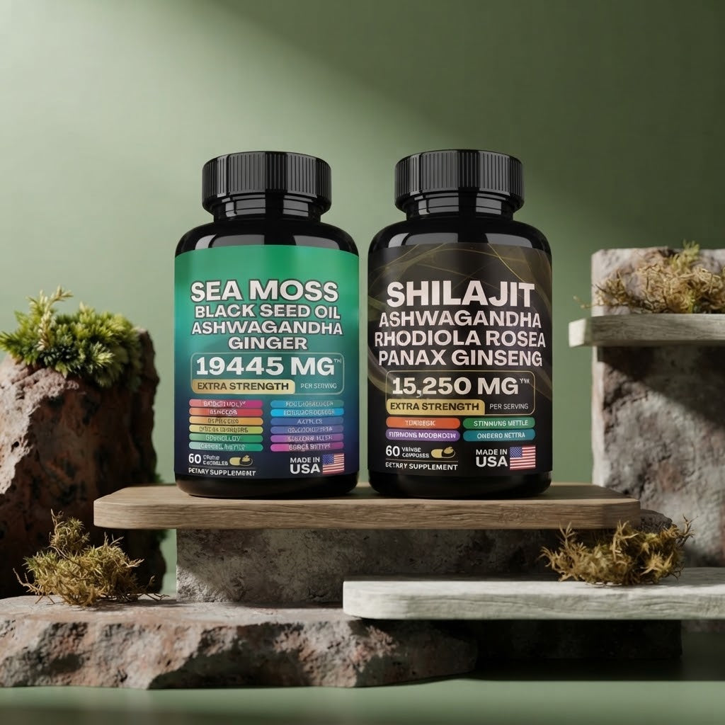Sea Moss Black Seed Oil Ashwagandha & Ginger + Shilajit Herbal Supplement – 60 Capsules Each