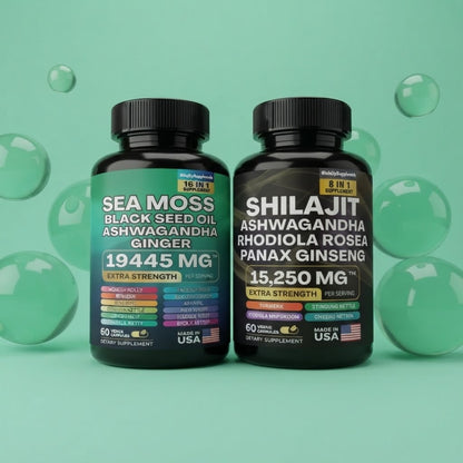 Sea Moss Black Seed Oil Ashwagandha & Ginger + Shilajit Herbal Supplement – 60 Capsules Each