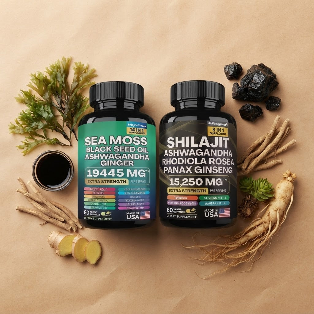 Sea Moss Black Seed Oil Ashwagandha & Ginger + Shilajit Herbal Supplement – 60 Capsules Each