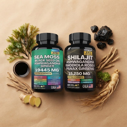 Sea Moss Black Seed Oil Ashwagandha & Ginger + Shilajit Herbal Supplement – 60 Capsules Each