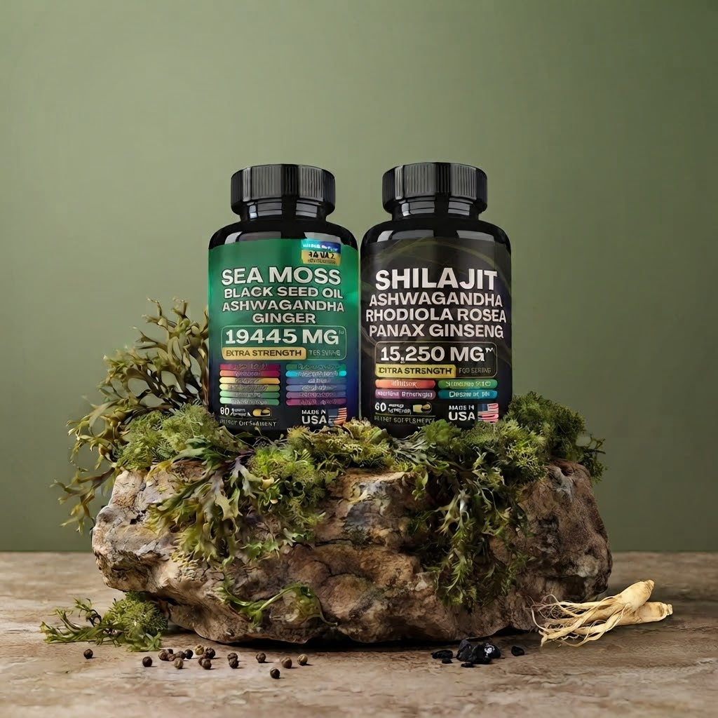 Sea Moss Black Seed Oil Ashwagandha & Ginger + Shilajit Herbal Supplement – 60 Capsules Each