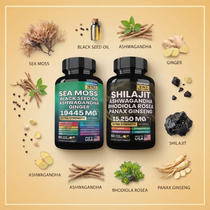 Sea Moss Black Seed Oil Ashwagandha & Ginger + Shilajit Herbal Supplement – 60 Capsules Each