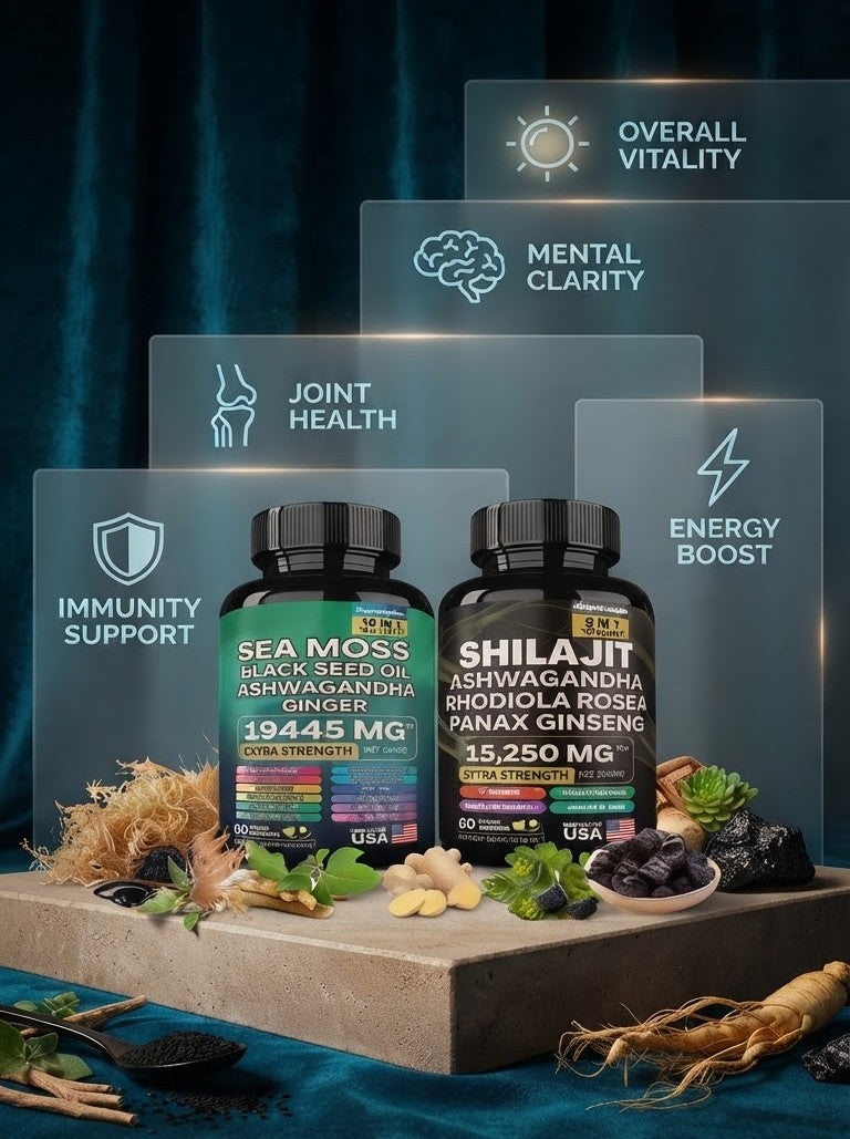 Sea Moss Black Seed Oil Ashwagandha & Ginger + Shilajit Herbal Supplement – 60 Capsules Each