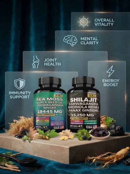 Sea Moss Black Seed Oil Ashwagandha & Ginger + Shilajit Herbal Supplement – 60 Capsules Each