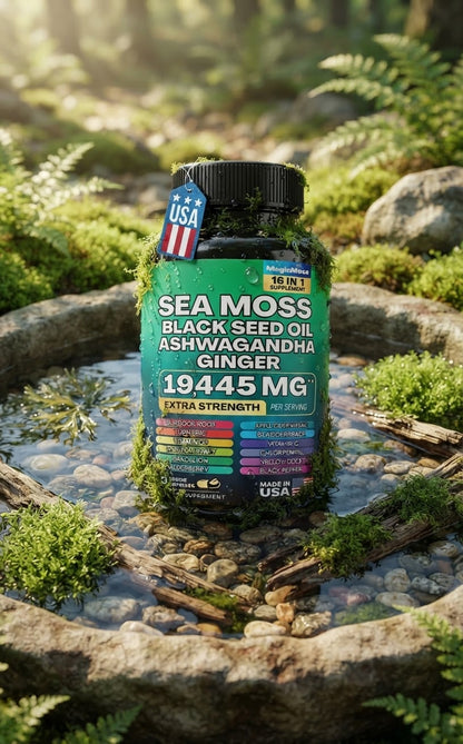Sea Moss Black Seed Oil Ashwagandha Ginger 16-in-1 Supplement – 1945 MG Extra Strength, 60 Vegan Capsules