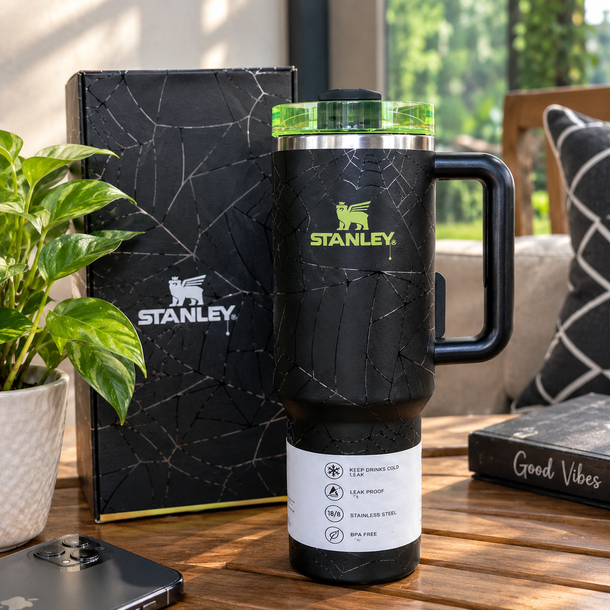 Stanley Quencher H2.0 Tumbler 40oz – Spider Web Crackle Design with Neon Green Lid & Handle | Stainless Steel Travel Mug