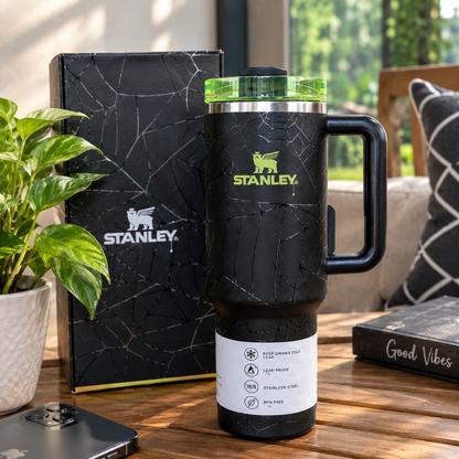Stanley Quencher H2.0 Tumbler 40oz – Spider Web Crackle Design with Neon Green Lid & Handle | Stainless Steel Travel Mug